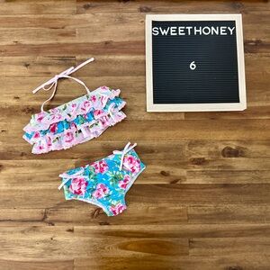 NEW SweetHoney Girls Milly Frilly Ruffle Bikini Swirly Floral Aqua 6 Blue Pink